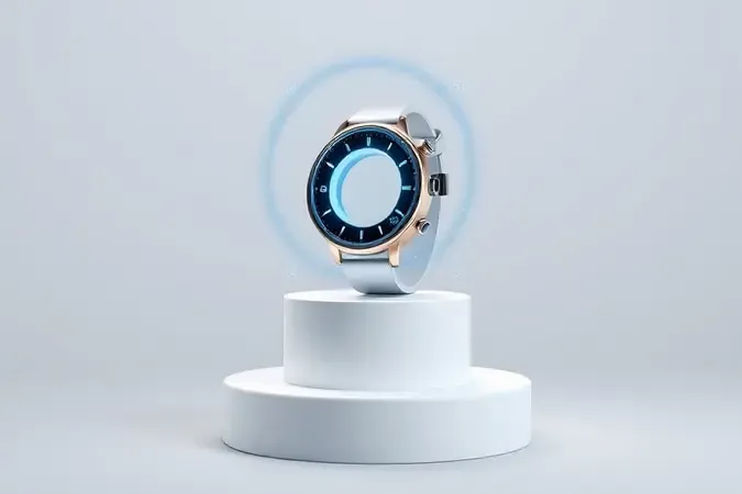 Renderização 3D de smartwatch moderno em pedestal minimalista com elementos digitais flutuantes representando tecnologia vestível.