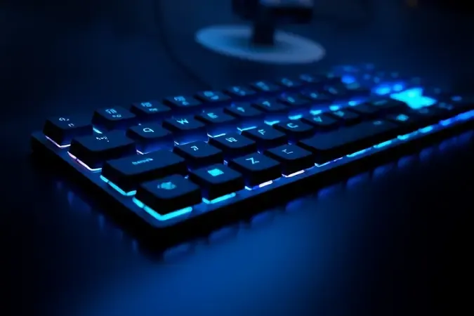Render 3D atmosférico de teclado gamer óptico com retroiluminação ciano e partículas de energia representando resposta instantânea.