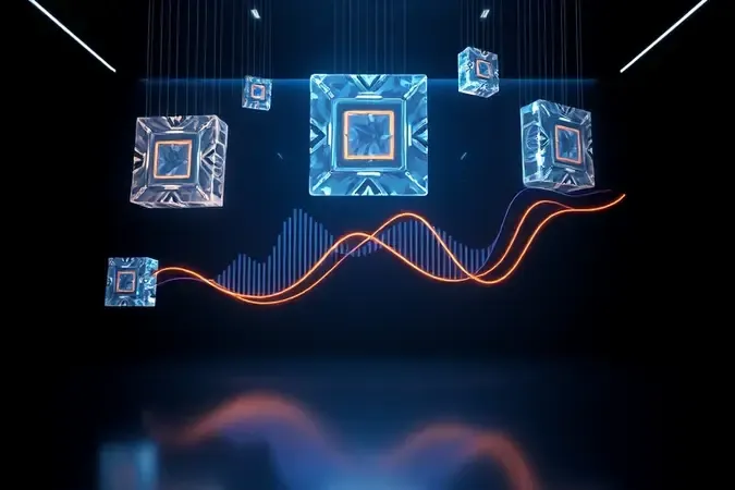 Visualização conceitual 3D de desempenho gráfico com formas geométricas translúcidas e iluminação azul e âmbar.