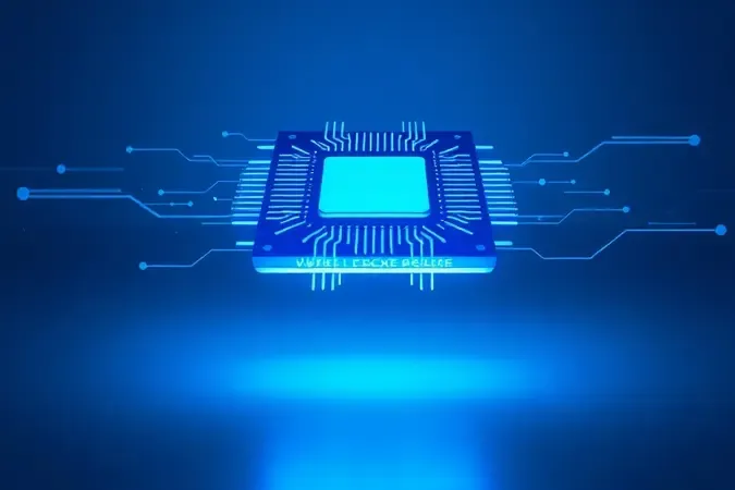 Renderização 3D conceitual de chip de processador com circuitos iluminados representando desempenho e inovação tecnológica.