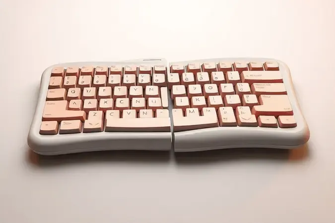 Render 3D conceitual de teclado ergonômico com design dividido e ondulado destacando curvas orgânicas.