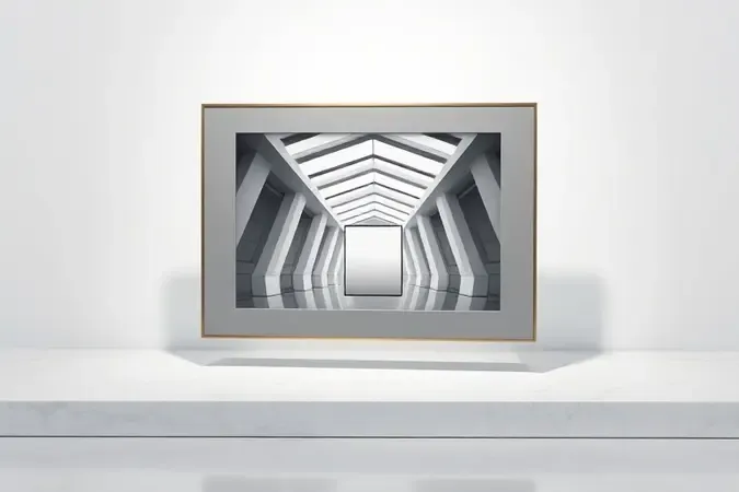 Design moderno de porta-retrato digital ultrafino sobre superfície de mármore com iluminação profissional.