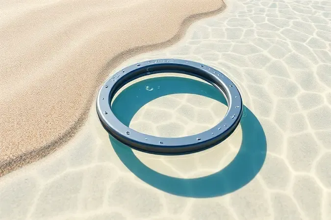 Cena conceitual 3D de detector de metais à prova d'água com bobina parcialmente submersa em água cristalina na beira da praia.