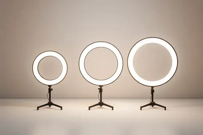 Comparação conceitual de três diâmetros diferentes de ring light para ajudar na escolha do tamanho ideal conforme a finalidade de uso.