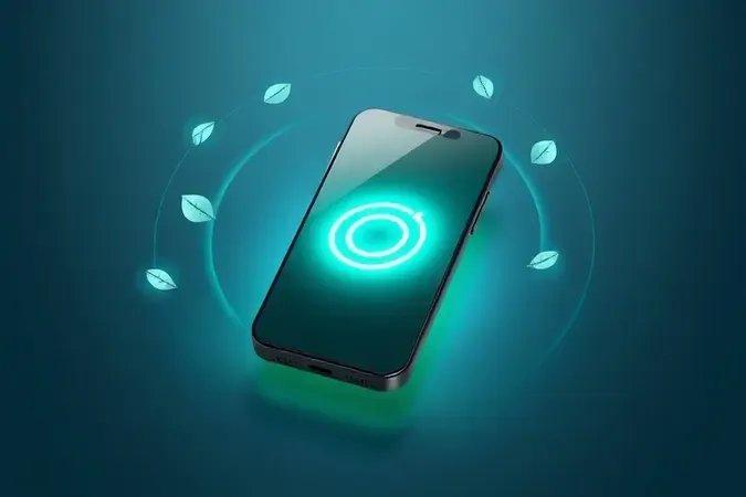 Smartphone conceitual com núcleo de bateria visível e símbolos abstratos de economia de energia ao redor
