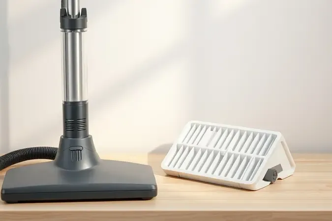Renderização 3D conceitual de manutenção de aspirador vertical com pano de microfibra e filtro em bancada limpa.
