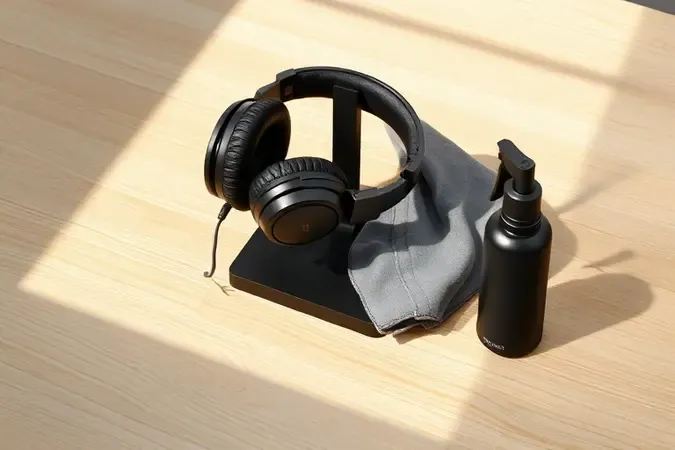 Render 3D de headset gamer sobre suporte moderno ao lado de pano de microfibra, ilustrando cuidados e manutenção do equipamento.
