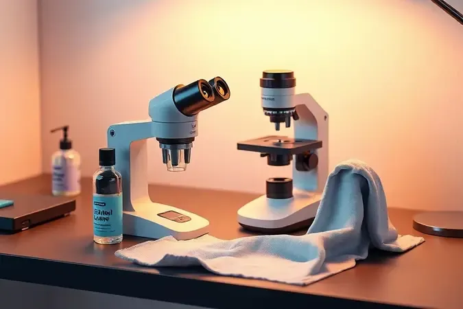 Cuidados e manutenção de microscópio digital com kit de limpeza em cena conceitual 3D profissional
