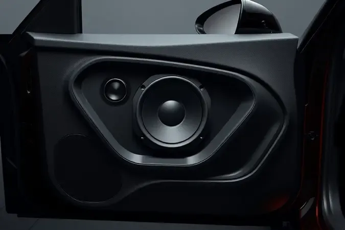 Composição 3D conceitual de instalação de som automotivo com componente integrado a painel veicular minimalista e iluminação profissional.