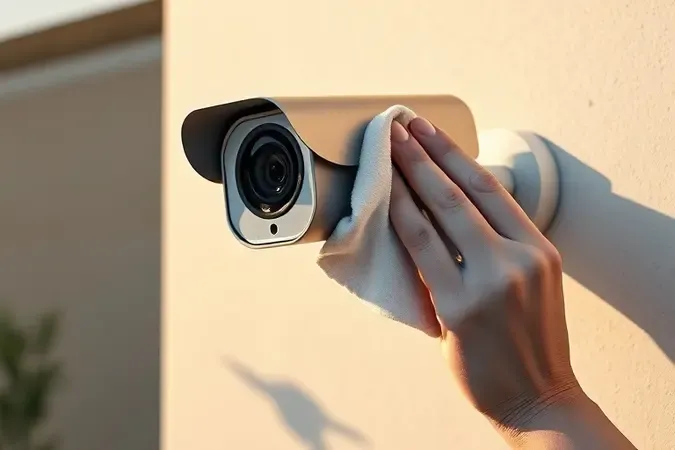 Renderização 3D conceitual de câmera de segurança externa sendo limpa com pano de microfibra.