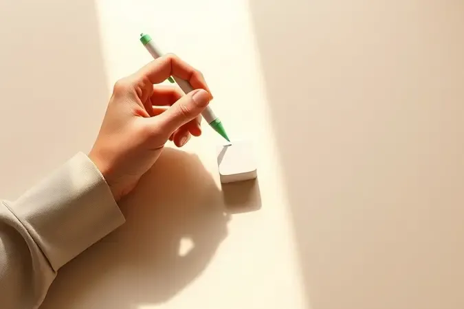 Render 3D de mão estilizada segurando caneta 3D enquanto desenha forma geométrica simples em superfície fosca.