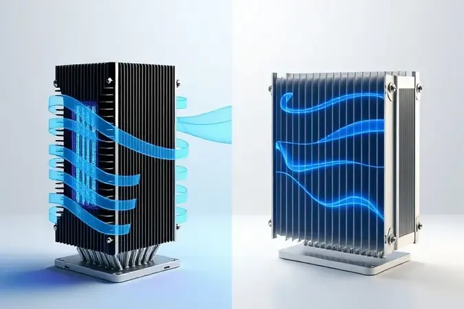 Comparação conceitual 3D entre air cooler e water cooler com fluxo de ar e líquido.