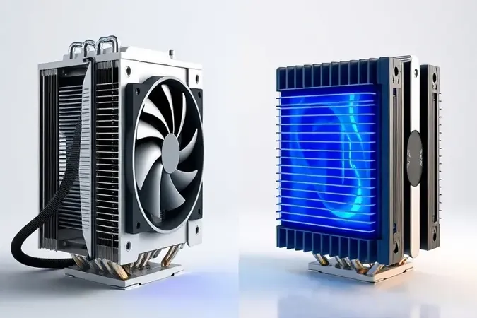 Comparação conceitual 3D entre air cooler e water cooler para processador em composição dividida.