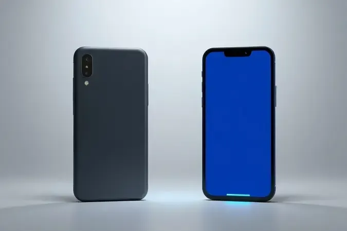 Comparação conceitual 3D entre silhuetas de celular comum e celular gamer com detalhes luminosos distintos.