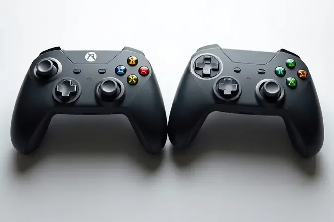 Comparação conceitual 3D entre controle padrão e controle profissional genéricos com componentes customizáveis visíveis