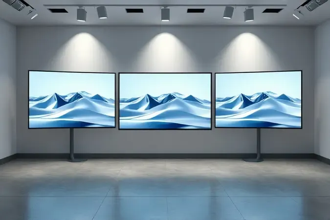 Comparação conceitual 3D de resoluções de tela HD, Full HD e 4K com painéis limpos lado a lado.
