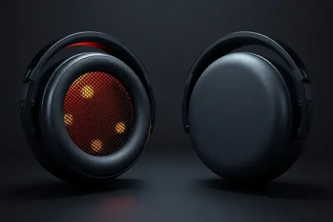 Comparação em render 3D entre headset aberto com grade vazada e headset fechado com concha sólida, destacando as diferenças estruturais.