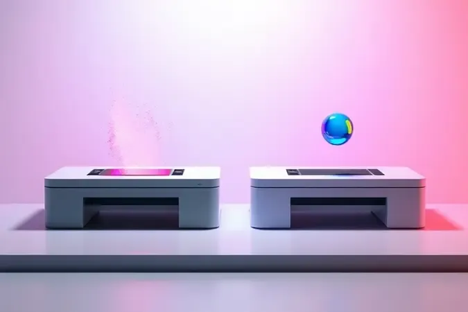 Comparação conceitual 3D entre tecnologias de impressão a laser e jato de tinta com elementos visuais distintos.