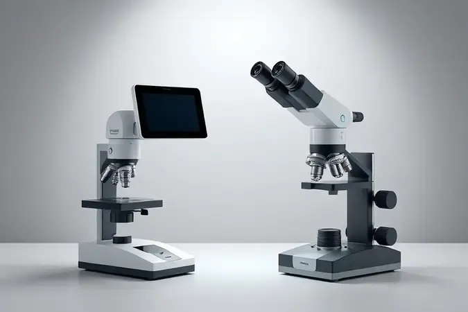 Diferença conceitual entre microscópio digital moderno e microscópio óptico tradicional em composição 3D lado a lado