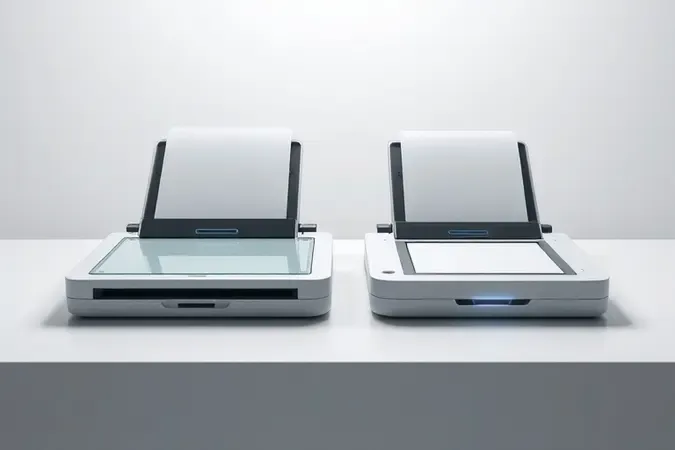 Comparação conceitual entre scanner de mesa flatbed e scanner portátil em render 3D com iluminação profissional