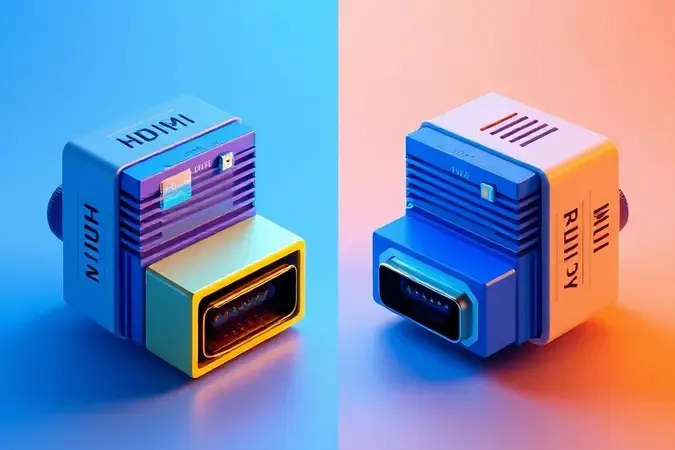 Comparação visual conceitual entre sinal digital HDMI com linhas precisas e sinal analógico VGA com ondas suaves em renderização 3D.