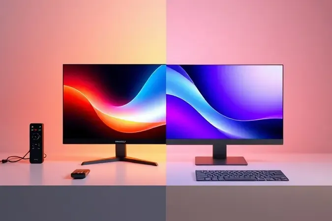 Comparação 3D conceitual entre smart TV e smart monitor lado a lado com acessórios distintos.