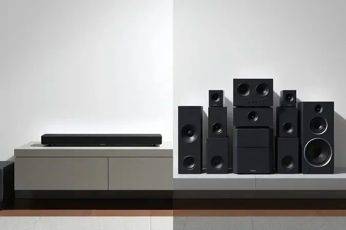 Comparação visual 3D entre soundbar única minimalista e sistema home theater com múltiplas caixas de som