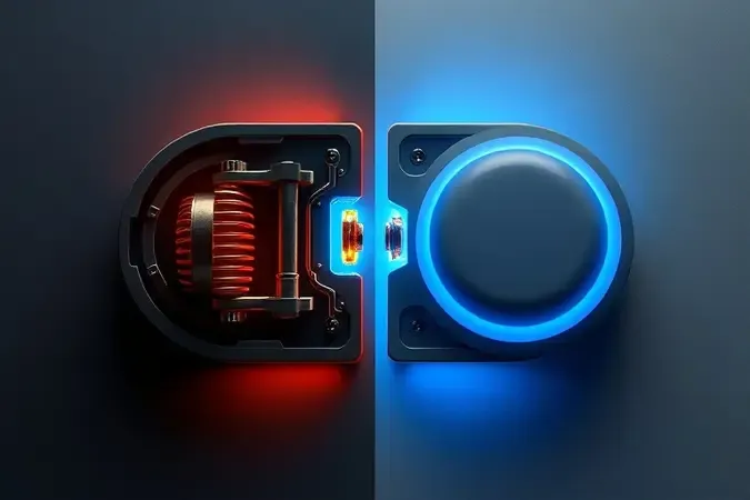 Render 3D comparando corte transversal de switch mecânico com mola e switch de membrana com cúpula de borracha