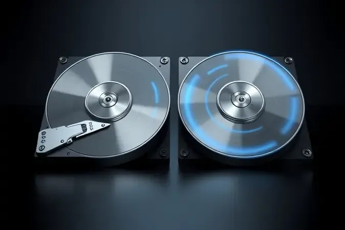 Renderização 3D conceitual de dois discos rígidos girando em velocidades diferentes representando 5400 e 7200 RPM.