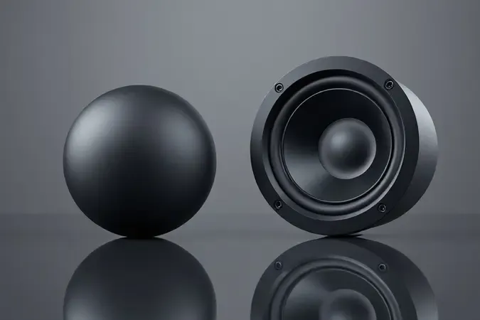 Renderização 3D conceitual comparando woofer e subwoofer com formas abstratas lado a lado em superfície reflexiva.