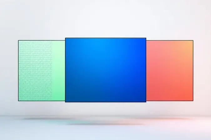 Três painéis abstratos flutuantes com designs distintos simbolizando diferentes sistemas operacionais de smart TV.