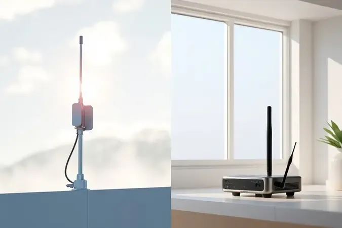 Comparação conceitual 3D entre antena digital externa ao ar livre e antena interna próxima a janela.