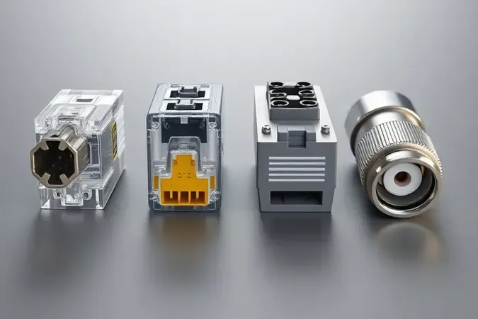 Comparação 3D dos conectores RJ45, RJ11, RJ12 e BNC exibidos lado a lado com destaque para diferenças de tamanho e pinos.