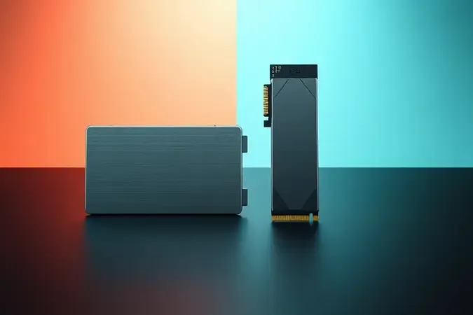 Comparação visual entre SSD SATA 2.5 polegadas e NVMe M.2 em renderização 3D conceitual com iluminação profissional.