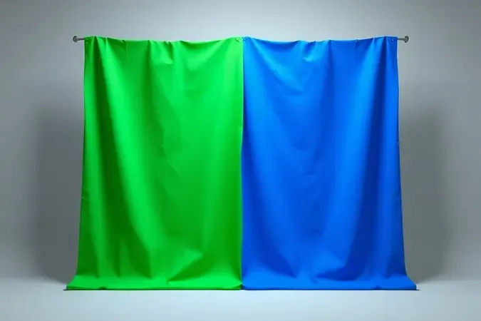 Comparação visual entre tela chroma key verde e azul lado a lado em renderização 3D profissional