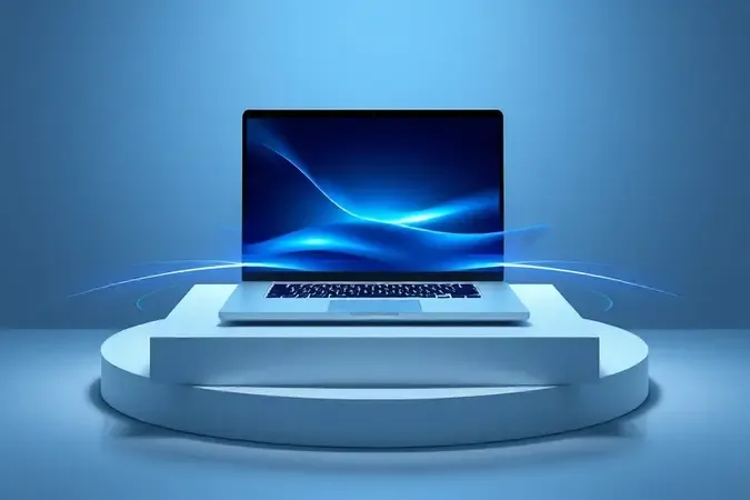 Render 3D conceitual de notebook ultrafino com elementos luminosos abstratos representando inovação e diferenciais tecnológicos premium.