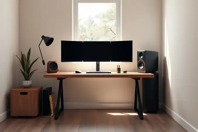 Render 3D conceitual mostrando dimensionamento de mesa gamer em espaço planejado com iluminação natural suave.