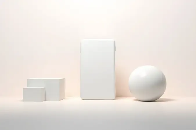Render 3D de HD externo portátil ao lado de formas geométricas minimalistas representando dimensões e portabilidade.