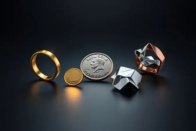Conceito visual 3D de discriminação de metais mostrando joias, moedas e alumínio com indicadores cromáticos distintos.