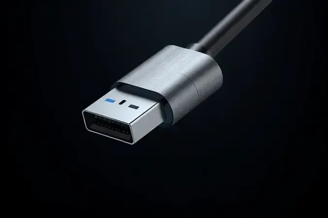 Render 3D em close de conector DisplayPort com textura metálica e fluxos de dados luminosos representando conexão para monitor 180Hz