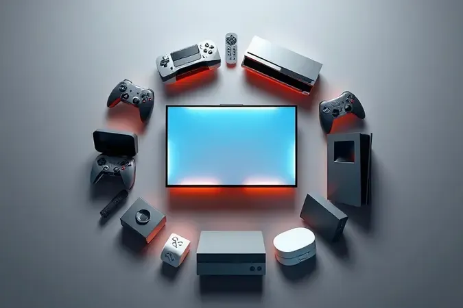 Render 3D conceitual de dispositivos eletrônicos compatíveis com 120Hz em composição circular ao redor de tela