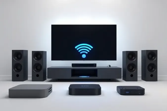 Renderização 3D de dispositivos eletrônicos conectados por sinal Wi-Fi simbolizando compatibilidade com controle remoto universal.