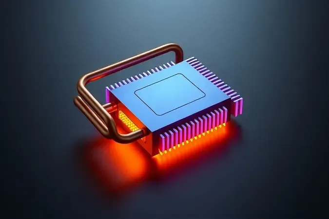Renderização 3D conceitual de dissipação térmica em heat pipes de cooler para processador.