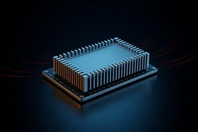 Render 3D conceitual de SSD NVMe com dissipador de calor de alumínio geométrico e distorções térmicas sutis ao redor.
