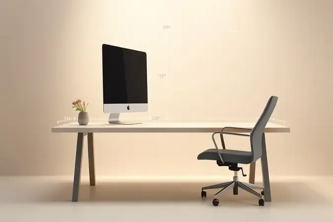 Render 3D conceitual de distância ergonômica ideal entre monitor e cadeira em home office com iluminação suave de estúdio.