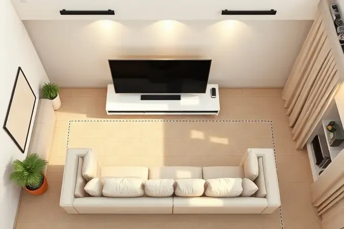Layout de sala de estar moderna com TV de 75 polegadas e sofá posicionados na distância ideal para visualização confortável.