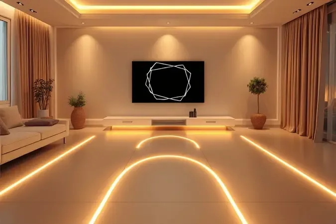 Vista superior conceitual de sala moderna com TV geométrica e arcos luminosos representando distância de visualização.