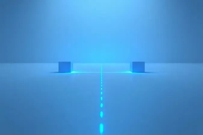 Render 3D conceitual de extensão de rede com fibra óptica conectando dois pontos distantes com partículas de luz.