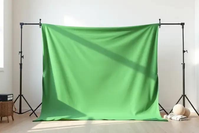 Montagem caseira de green screen com tecido verde esticado em estrutura simples renderizado em 3D