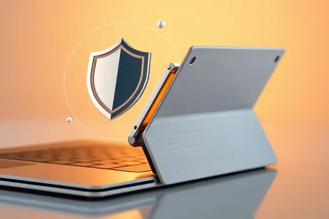 Close-up 3D de dobradiça premium de notebook 2 em 1 com formas geométricas simbolizando durabilidade e proteção